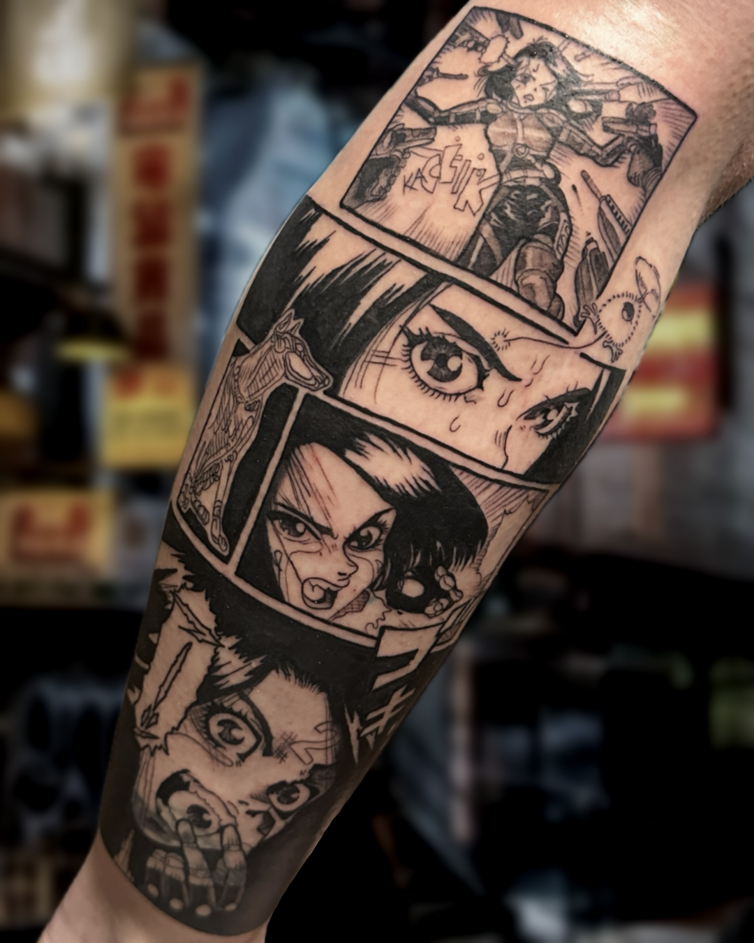 Black and grey manga anime panel sleeve tattoo